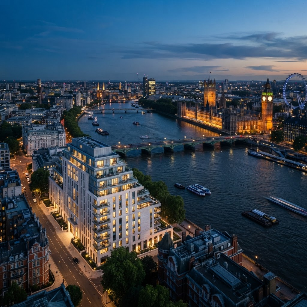 Aerial view of 135 Grosvenor Road on the Thames in Westminster, London